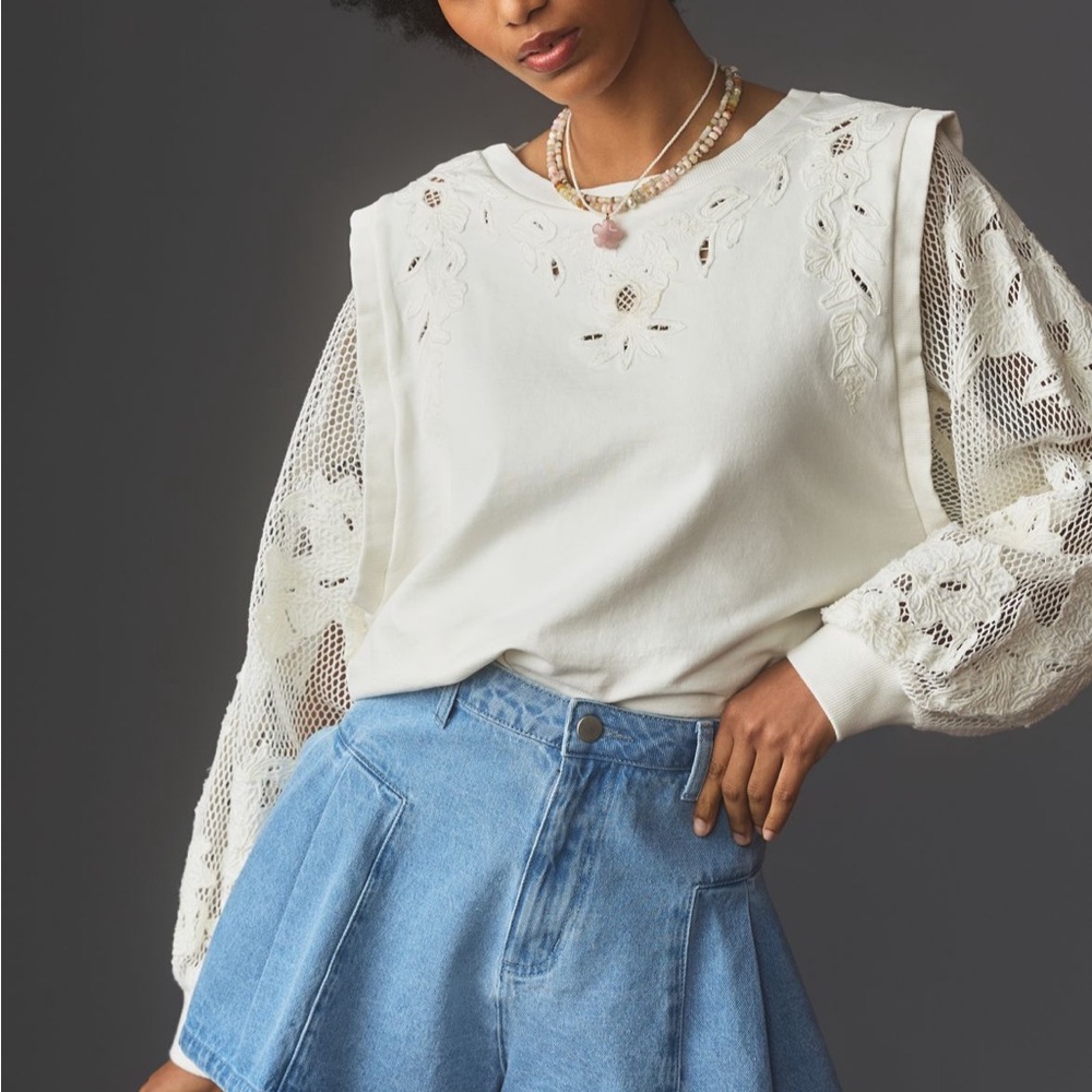 Anthropologie Cream Lace Sleeve Sweatshirt